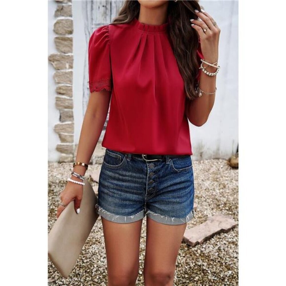 Devine Ruched Mock Neck Short Sleeve Blouse